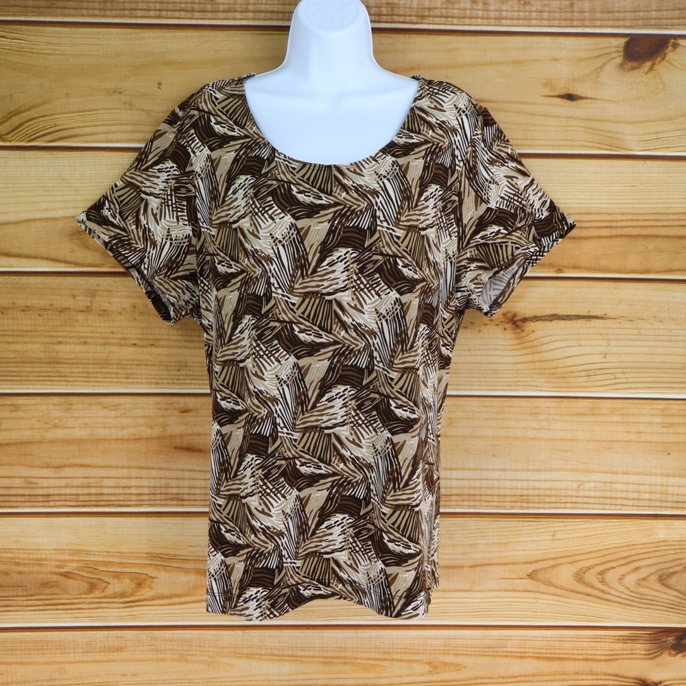 Laura Ashley Blouse Womens 1X Brown Geometric Stretch Short Sleeves Round Neck